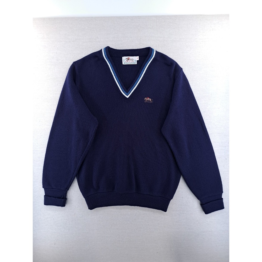 Vintage V-Neck Tennis Sweater Mens Medium Steeplechase Horse Jumping Orlon USA